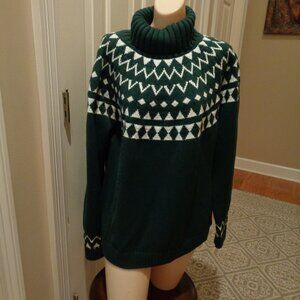 Woman's hunter green and white Fairisle turtleneck cotton blend heavy weight